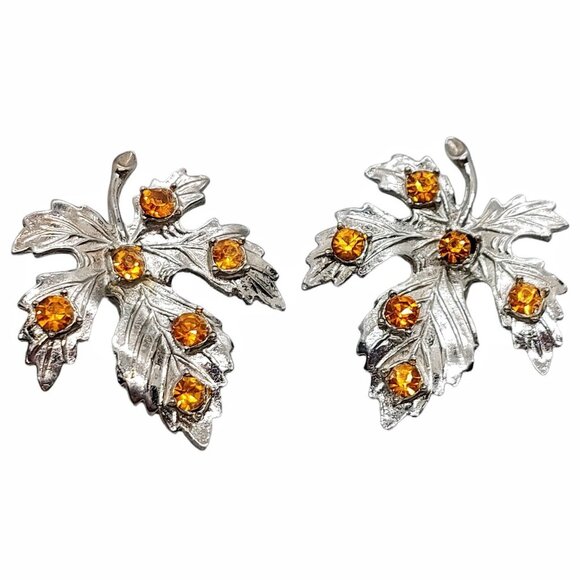Maple Leaf Citrine Glass Silver Tone Clip On Earrings Vintage Estate Unsigned - Picture 1 of 6